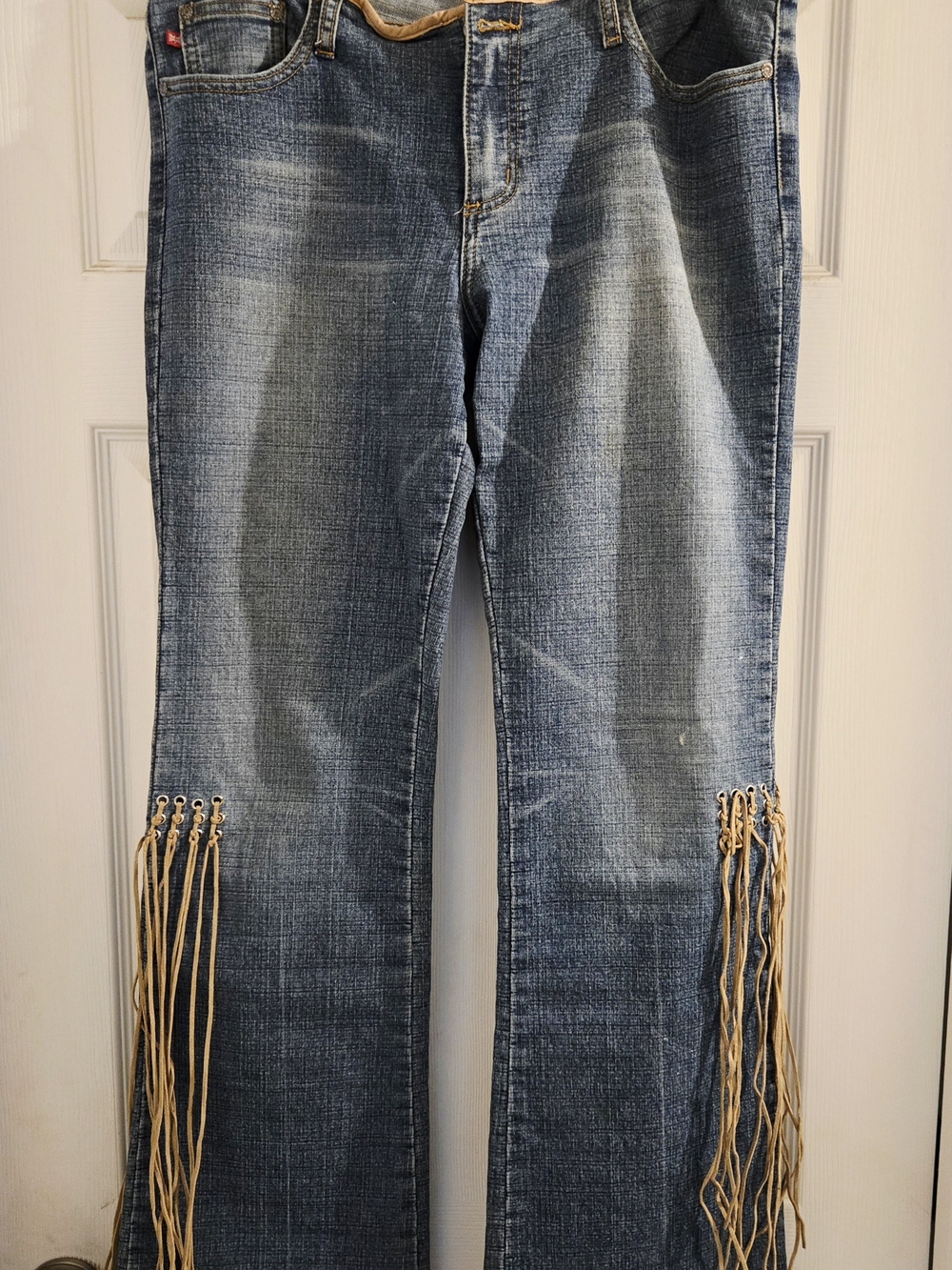 Vigoss Blue Flare Jeans with Tan Fringe Detail